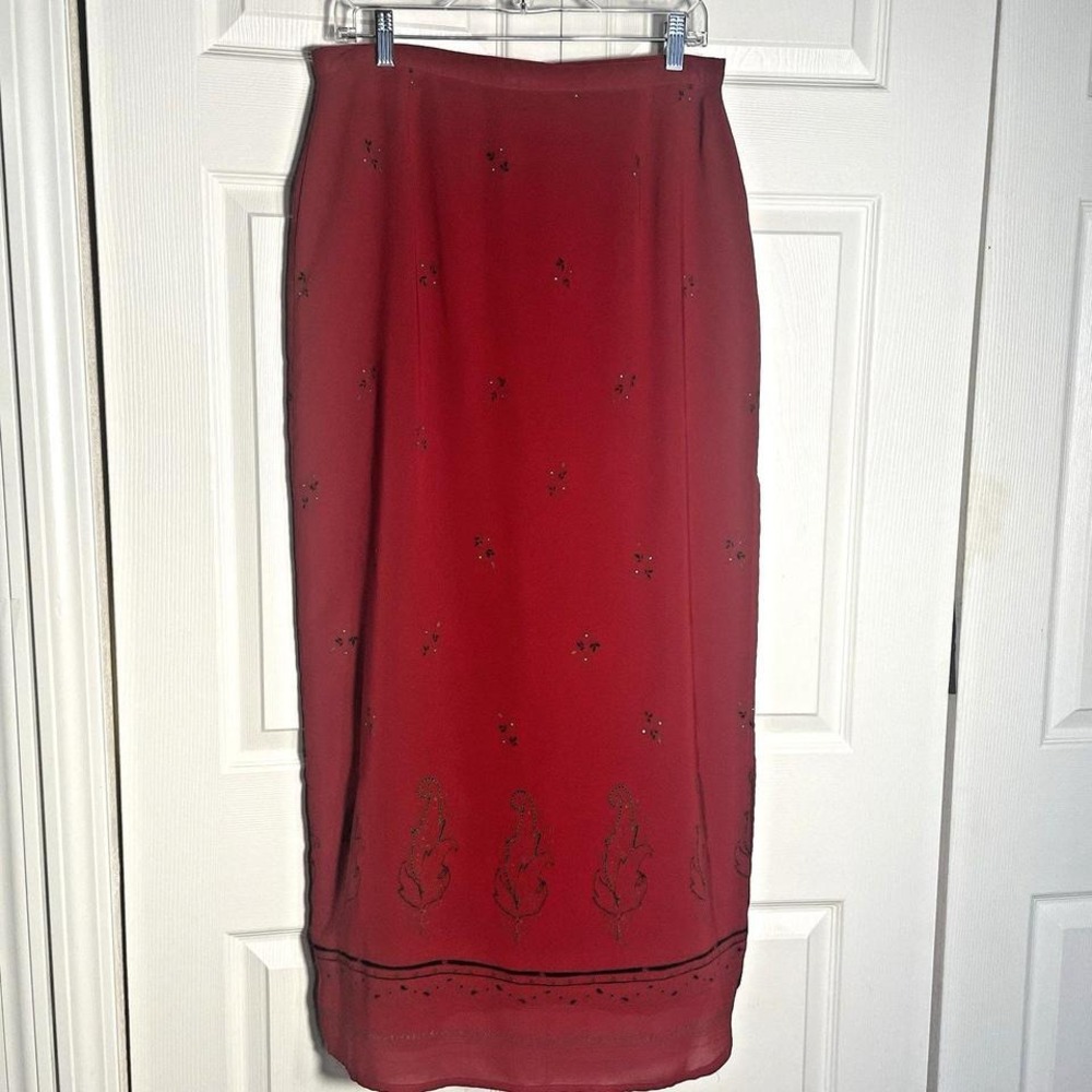 Vintage Central Falls Red Chiffon Overlay Skirt‎ Women 14 Sheer 90s Floral Midi